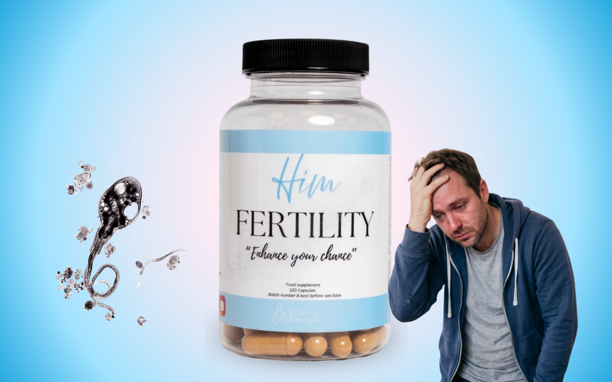 Him Fertility bottle with a sperm graphic and a worried-looking man