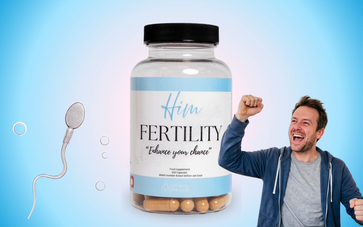 Him Fertility bottle with a sperm graphic and a cheering man
