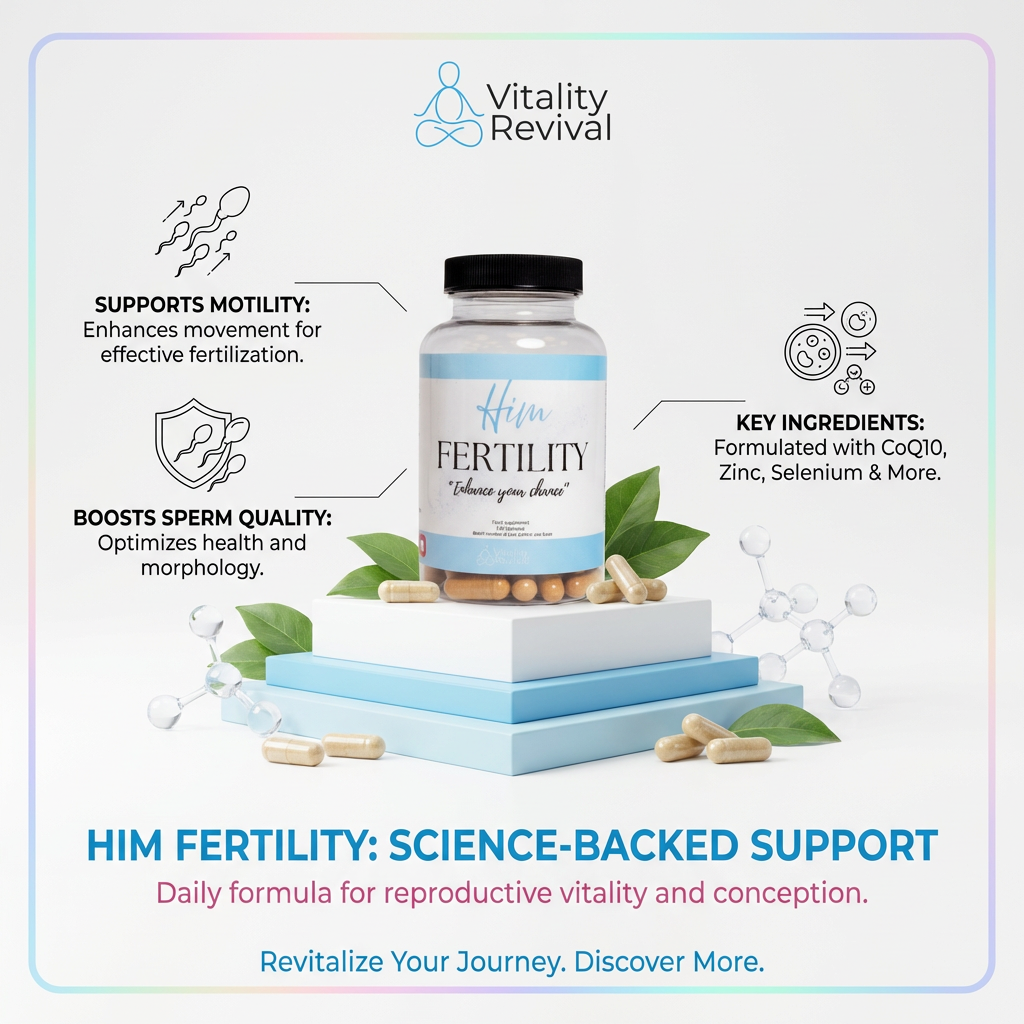 Him Fertility supplement bottle for men with capsules, highlighting sperm motility, quality, and key ingredients.