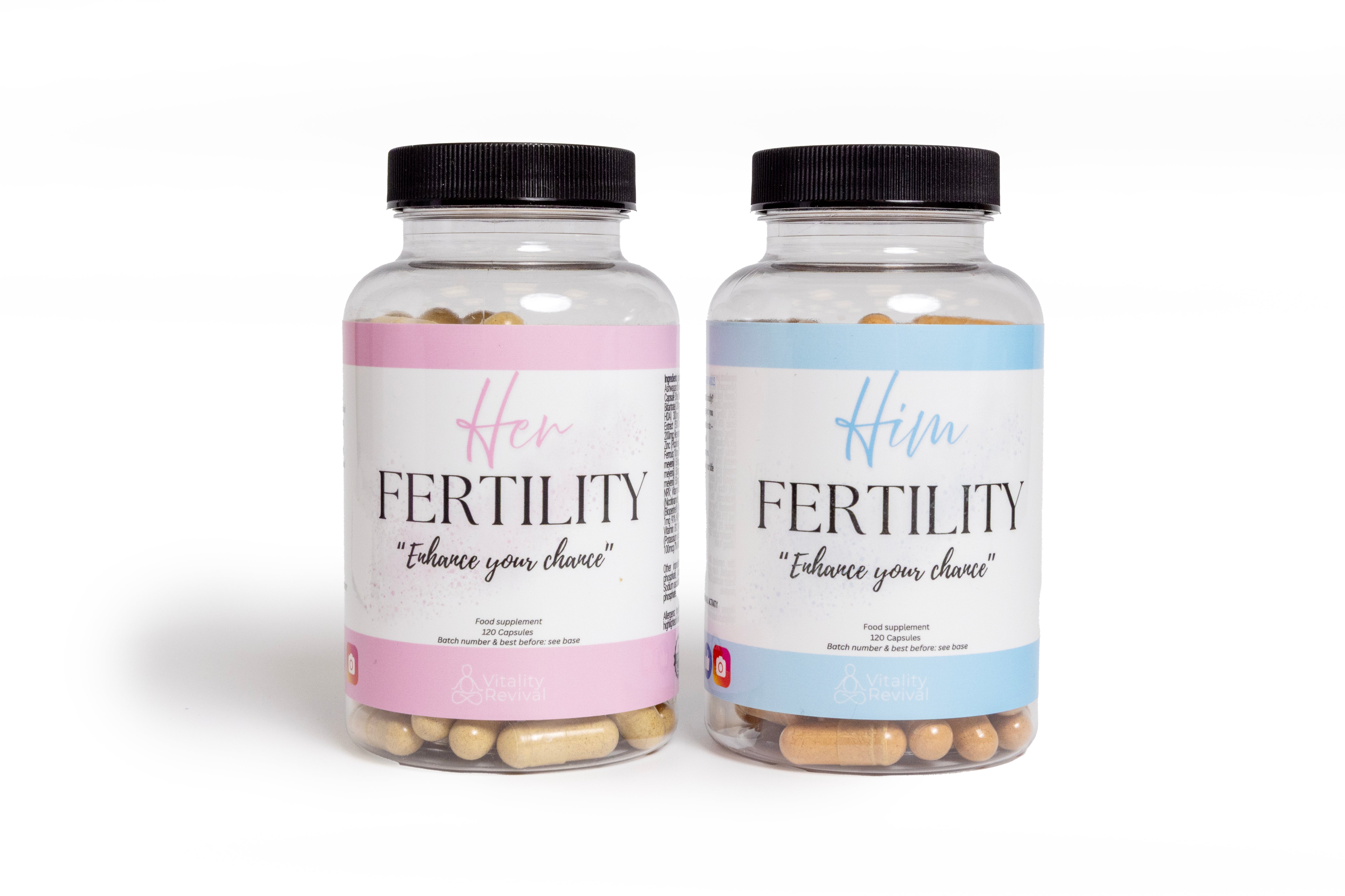 Her and Him fertility supplement bottles with capsules, white background, UK-made support
