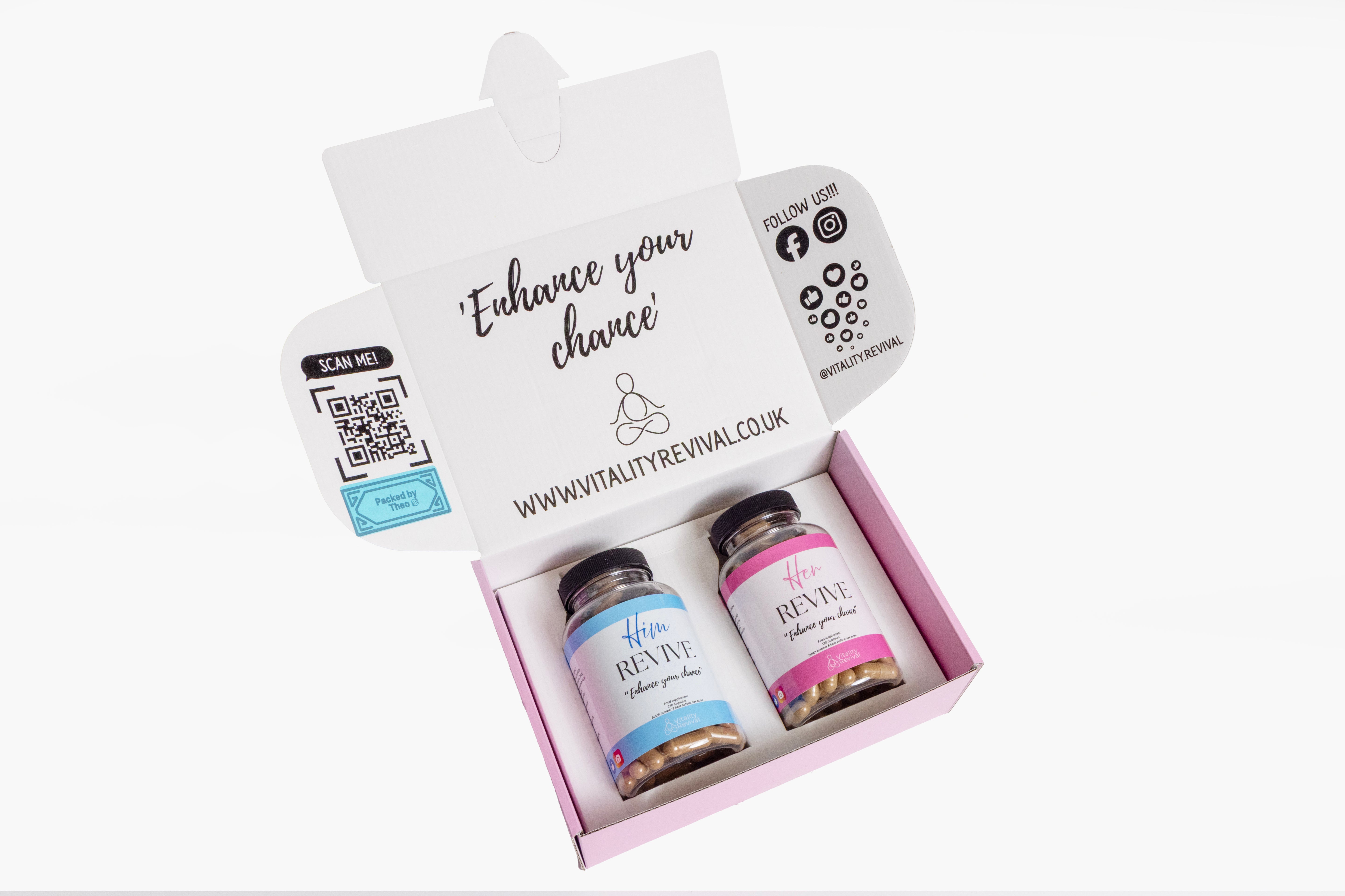 Open box with Him Revive and Her Revive fertility supplements, UK-made, for men and women