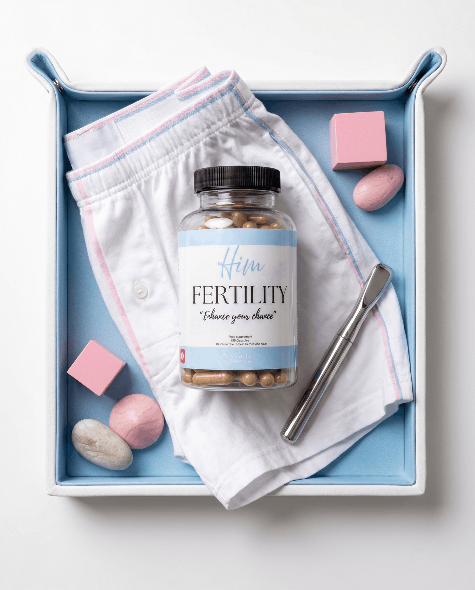 Fertility Supplement supplement for men on a tray  VitalityRevival UK