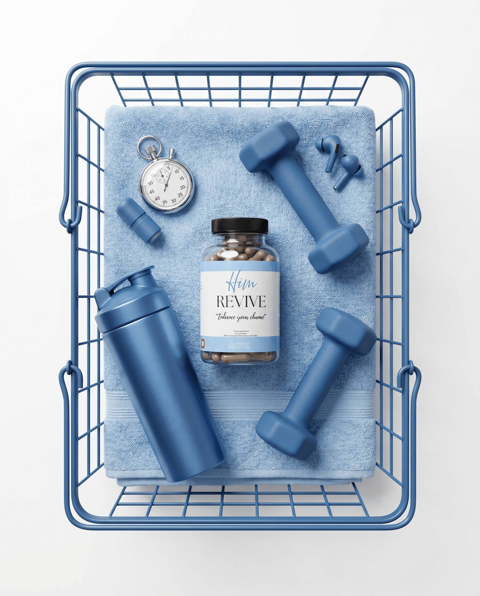 HIM REVIVE - wellness supplement supplement for men - in a basket with a bottle and dumbell  VitalityRevival UK