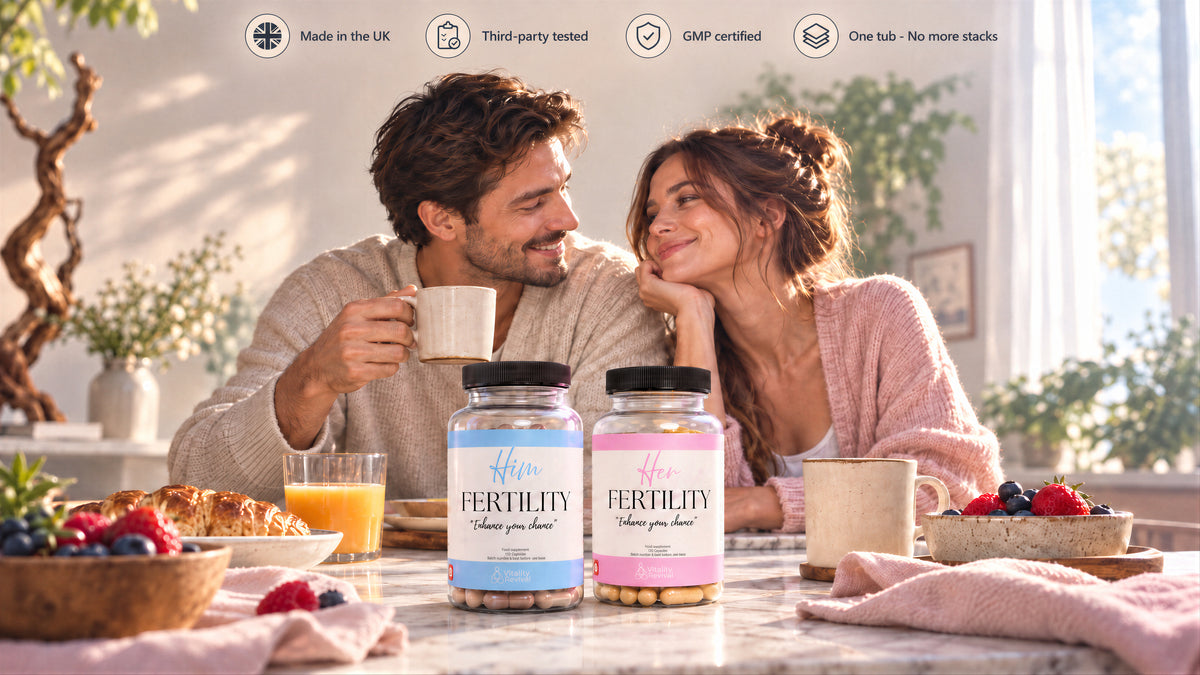 couple smiling next to supplements for fertiltiy 