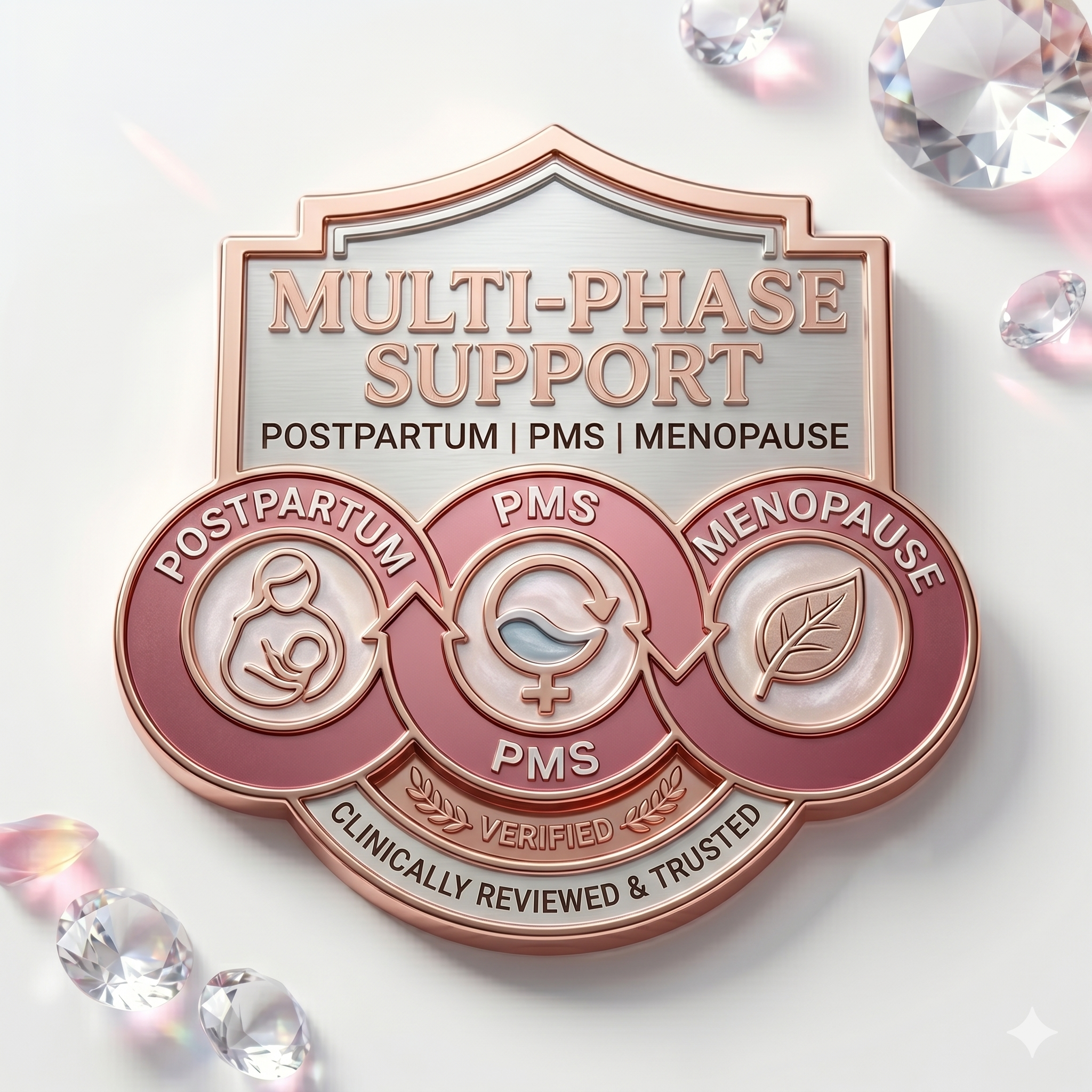 Multifunctional support product for postpartum, PMS, and menopause with decorative elements on a light background.