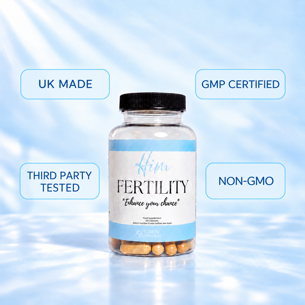 HIM FERTILITY tub with badges: UK made, GMP certified, third-party tested, non-GMO