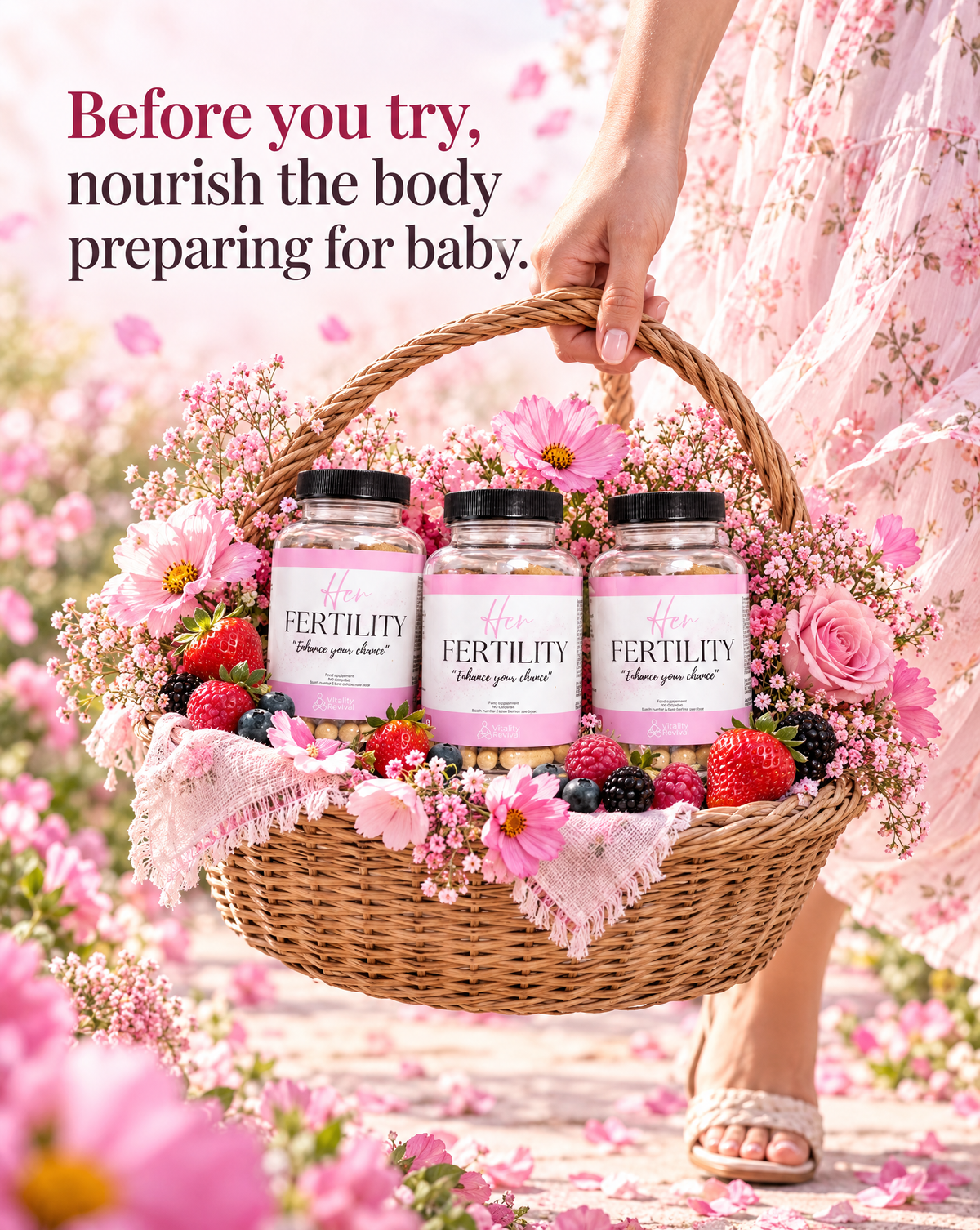 Woman carrying a basket of flowers, berries and Vitality Revival supplement tubs in a flower field