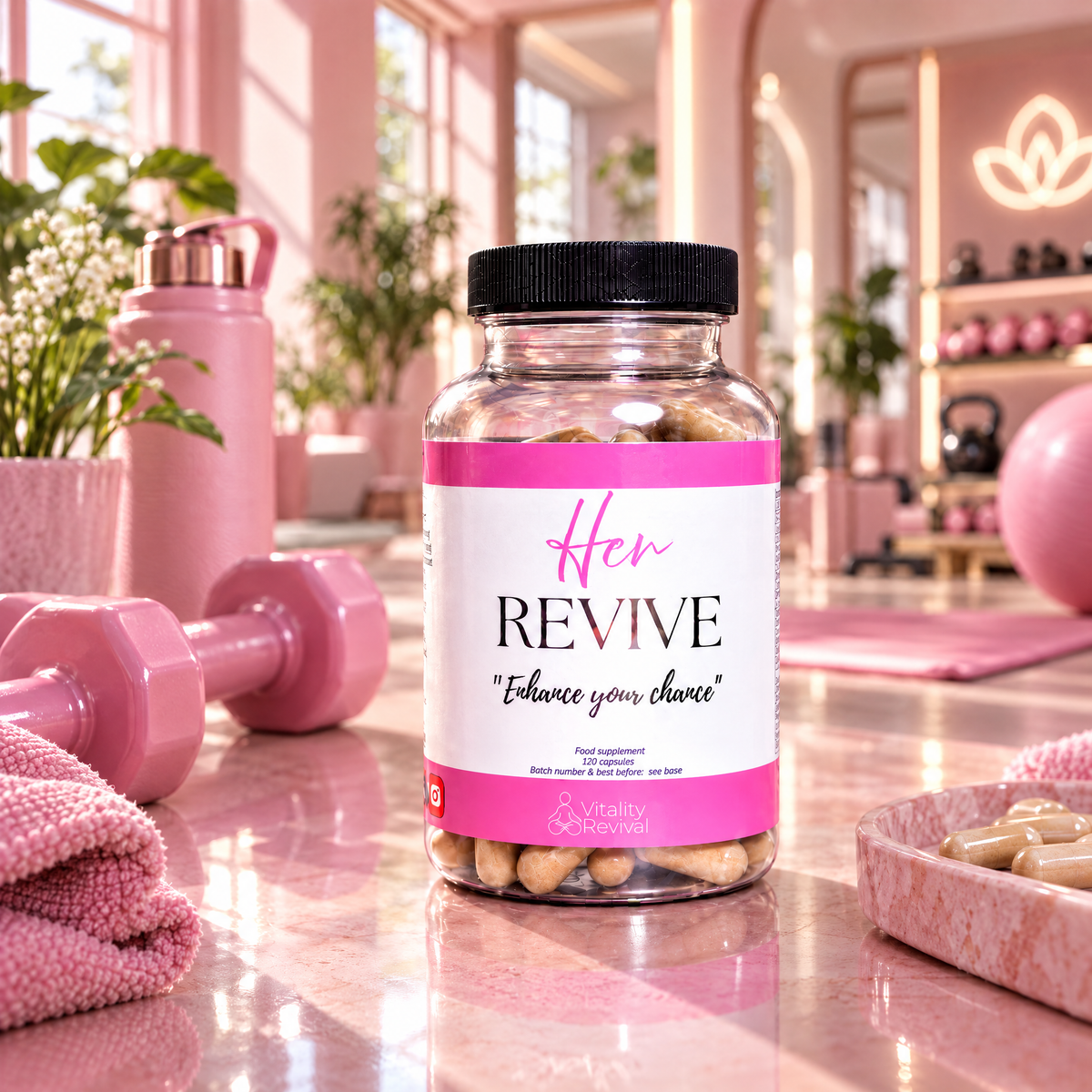 HER REVIVE capsule tub on a pink countertop in a bright wellness studio