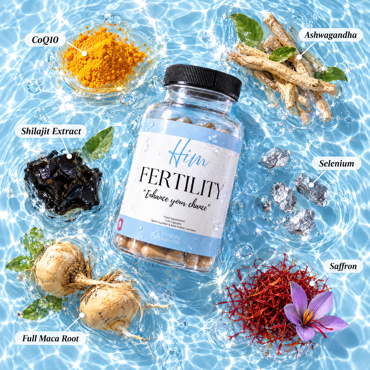 HIM FERTILITY tub on water surrounded by CoQ10 powder, ashwagandha, shilajit, selenium, maca root and saffron
