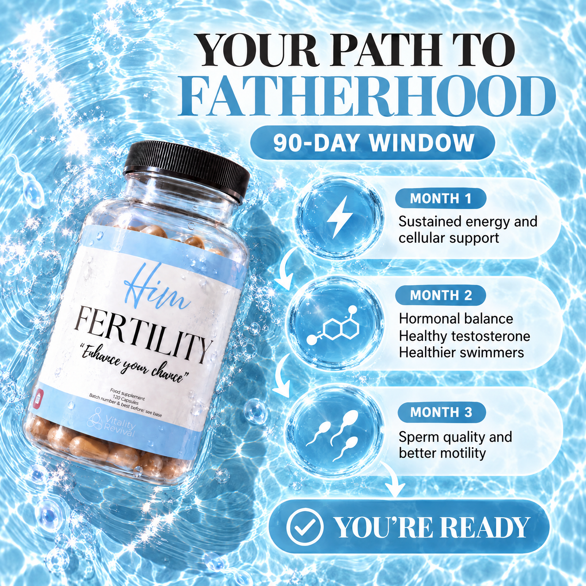 A bottle of Him Fertility supplement capsules floating on a blue water-splash background with promotional text reading 'YOUR PATH TO FATHERHOOD,' '90-DAY WINDOW,' and benefits for Month 1, Month 2, and Month 3.