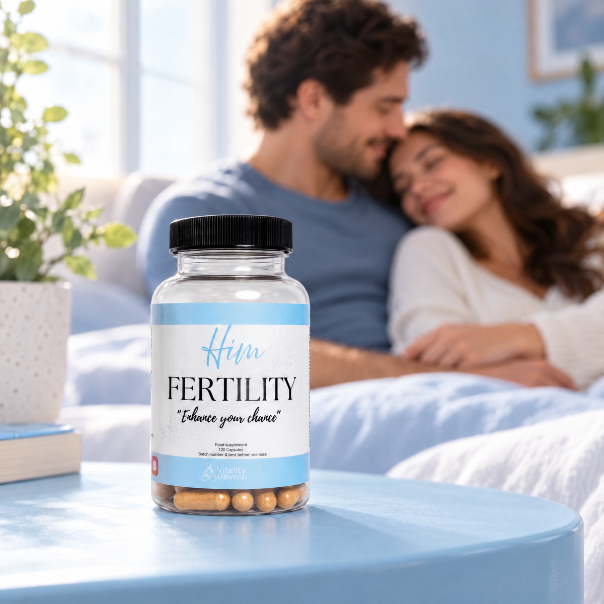 Couple relaxing in bed with HIM FERTILITY supplement tub on the bedside table
