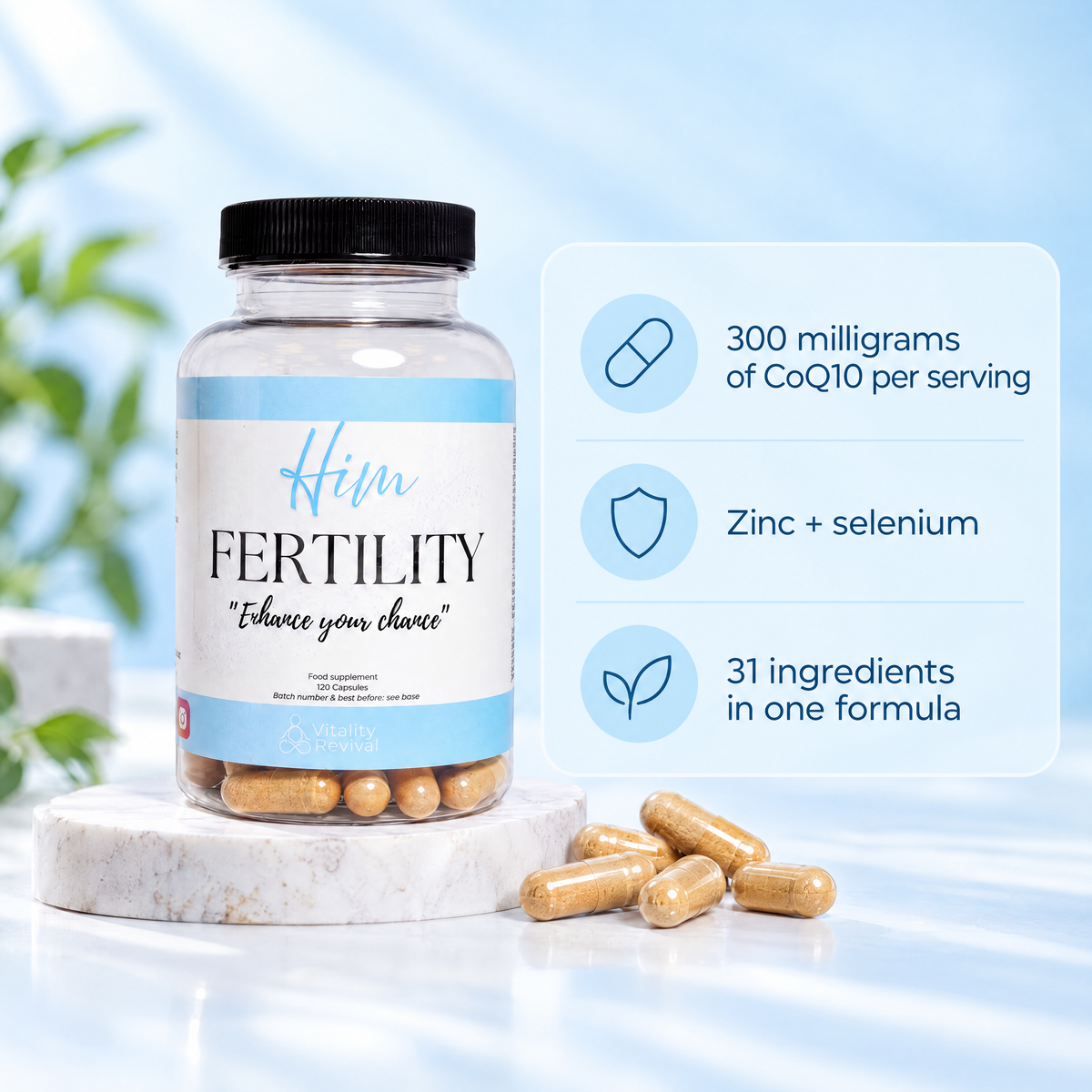 HIM FERTILITY tub with callouts: 300 mg CoQ10 per serving, zinc and selenium, 31 ingredients in one formula