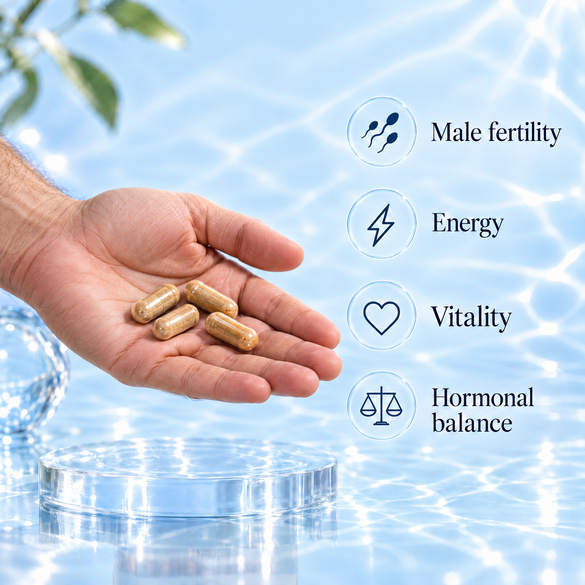 Hand holding four HIM FERTILITY capsules with icons for male fertility, energy and vitality
