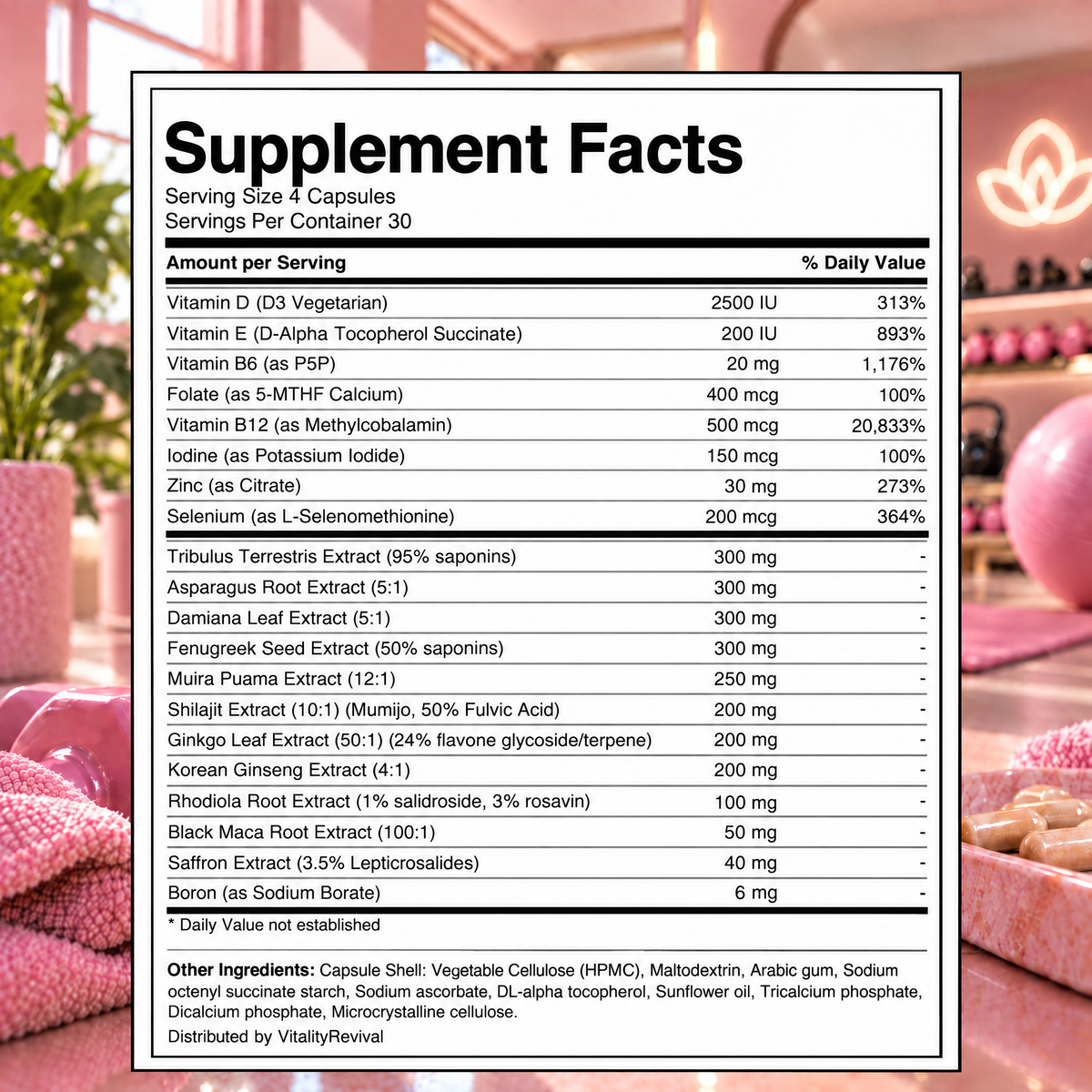 HER REVIVE supplement facts label listing vitamins D3, E, B6, B12, folate, iodine, zinc, selenium and botanicals