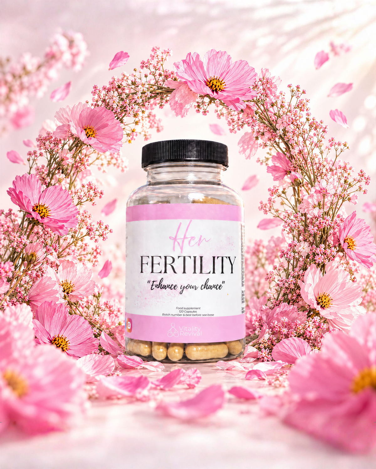 HER FERTILITY women's preconception food supplement tub surrounded by pink cosmos flowers