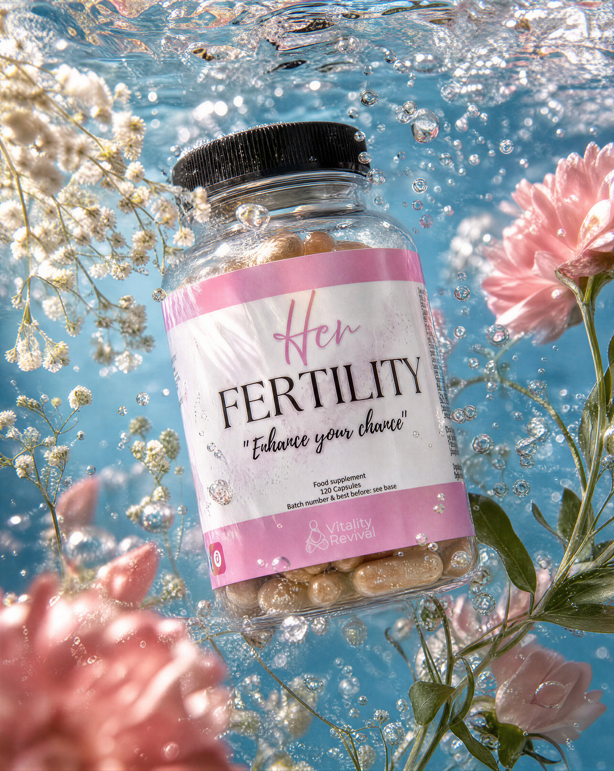 Her Fertility bottle underwater among pink flowers
