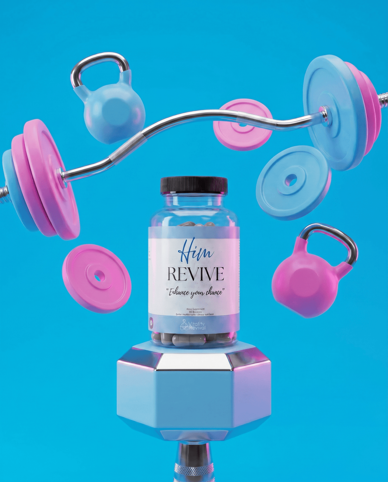 HIM REVIVE -  product on dumbbell with pink and blue weights around wellness supplement supplement for menVitalityRevival UK