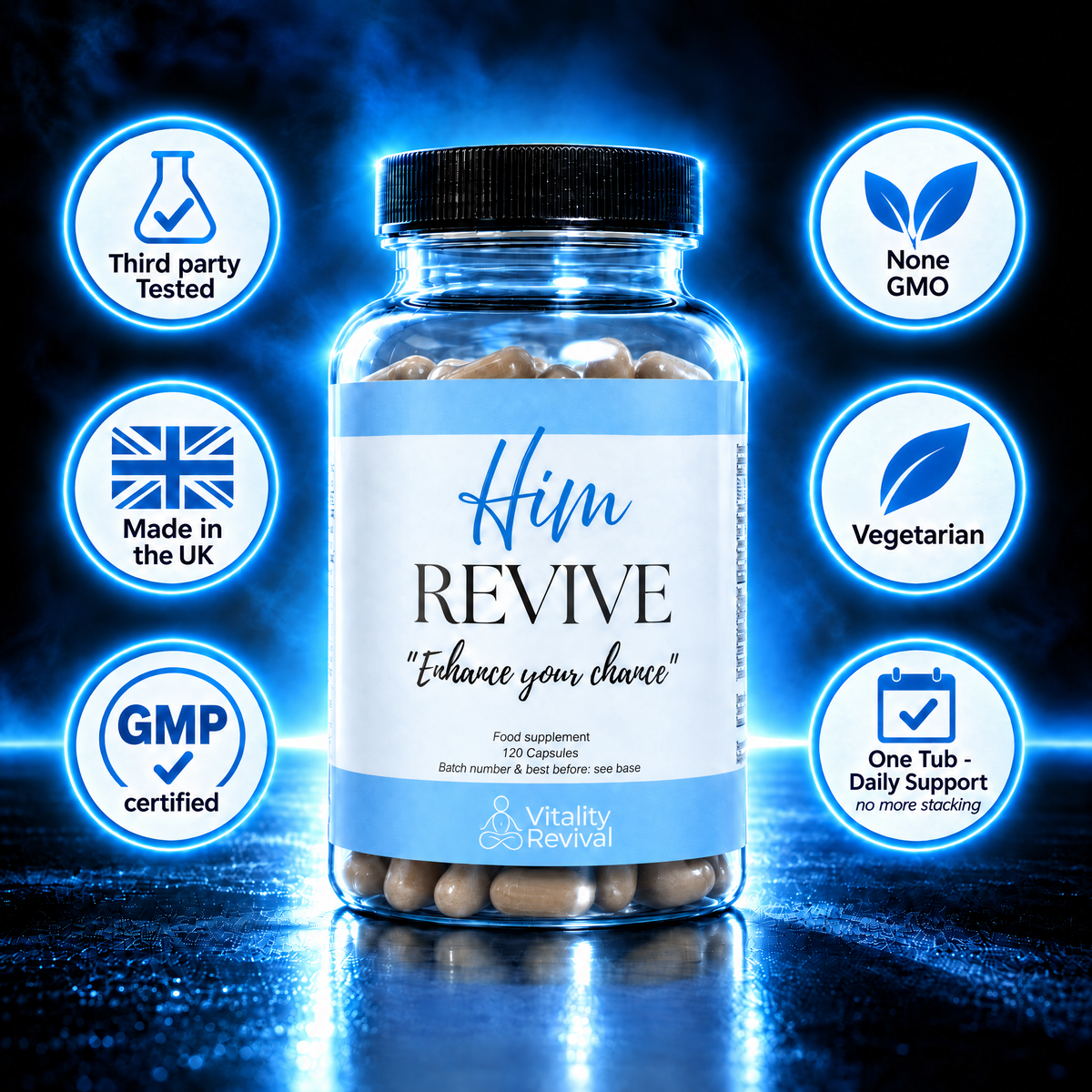 HIM REVIVE tub with badges: third-party tested, made in the UK, GMP certified, non-GMO, vegetarian, one tub daily