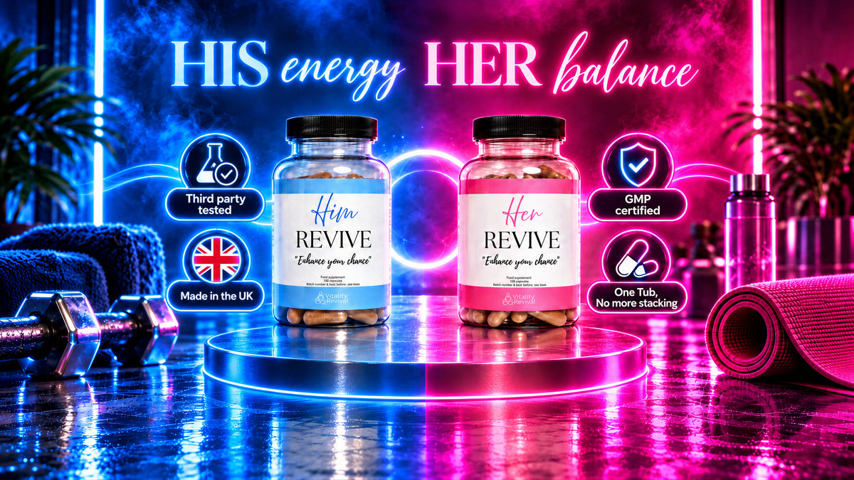 Two supplement bottles labeled 'His REVIVE' and 'Her REVIVE' displayed on a glowing pedestal in a neon-lit gym setting with dumbbells, a rolled mat, and fitness props. Text above reads 'HIS energy HER balance' with feature callouts including third-party tested, made in the UK, GMP certified, and one tub, no stacking.