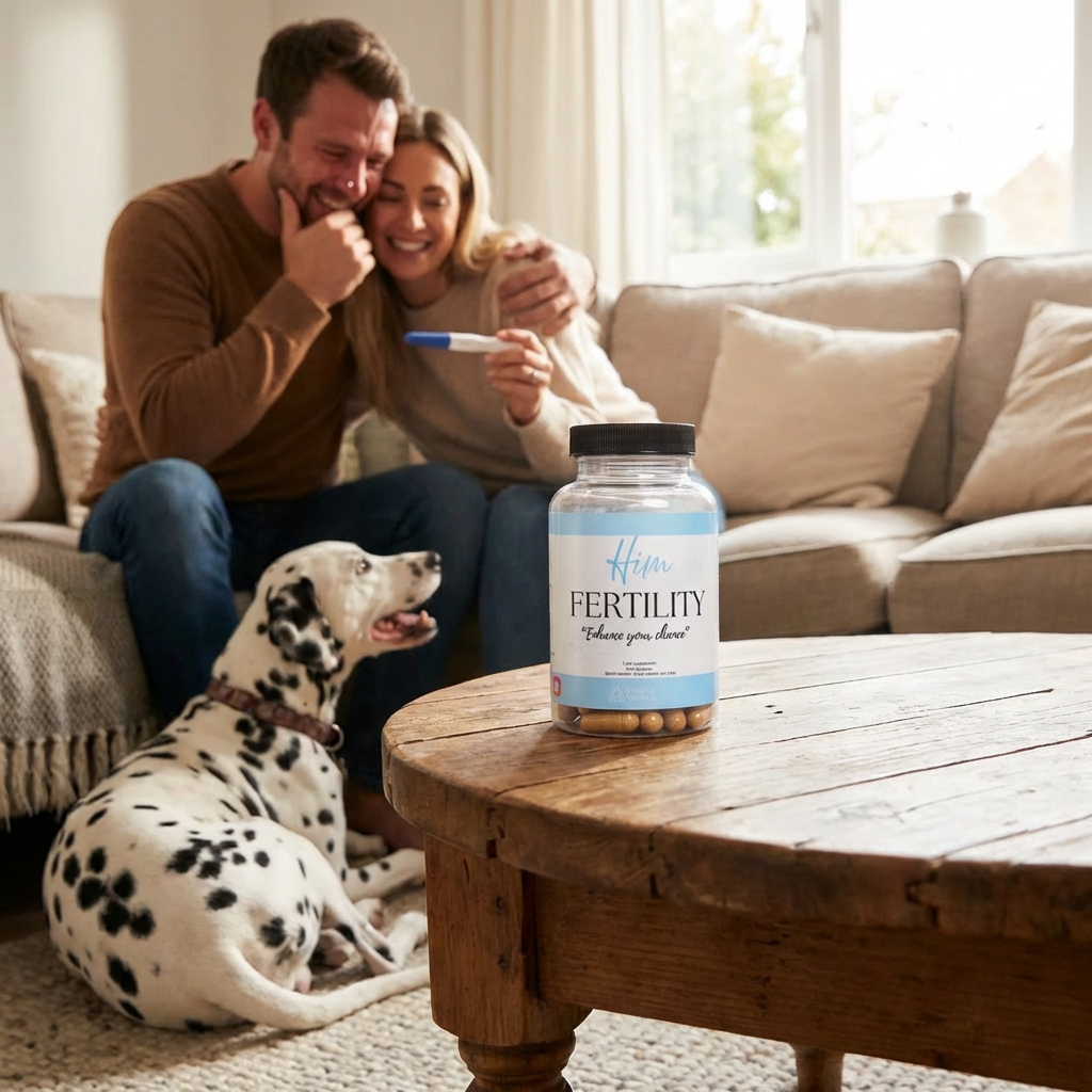 Couple sitting on a couch with a dog, looking at a bottle labeled 'Fertility' on a coffee table.