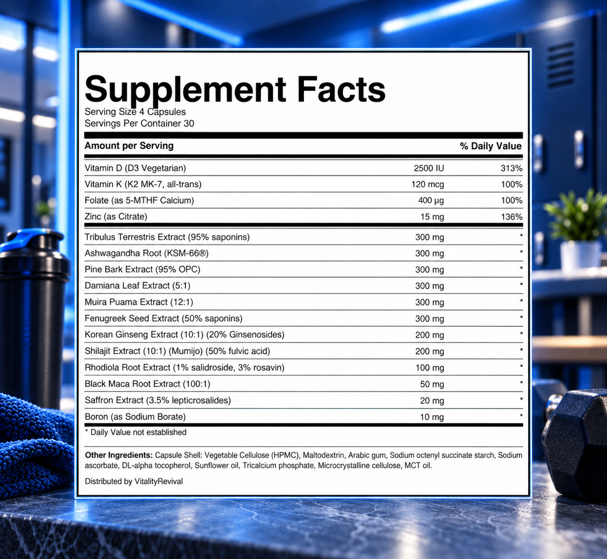 HIM REVIVE supplement facts label listing vitamin D3, K2, folate, zinc and botanical extracts per 4-capsule serving