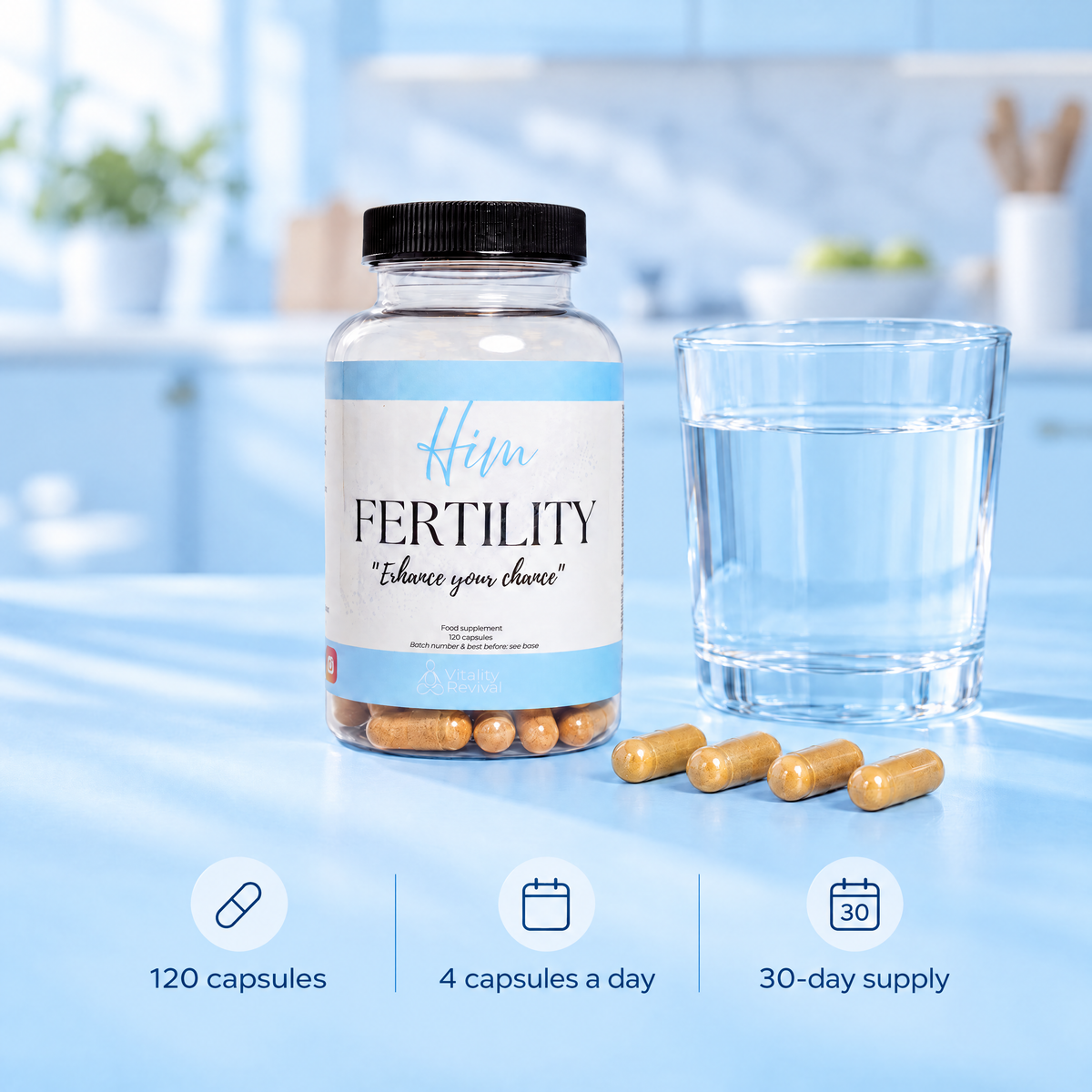 HIM FERTILITY tub with a glass of water and capsules: 120 capsules, 4 capsules a day, 30-day supply