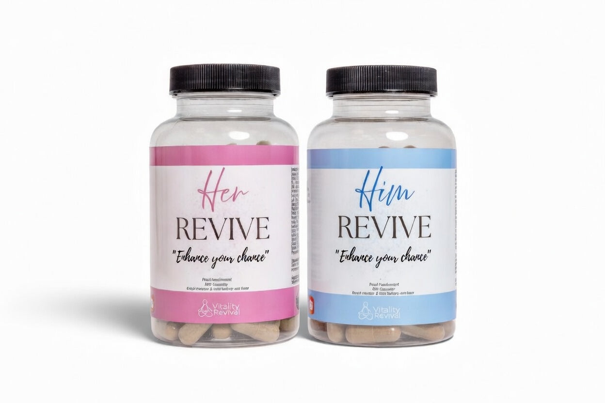 Two bottles of natural fertility supplements, labeled Her Revive and Him Revive, on a white background.