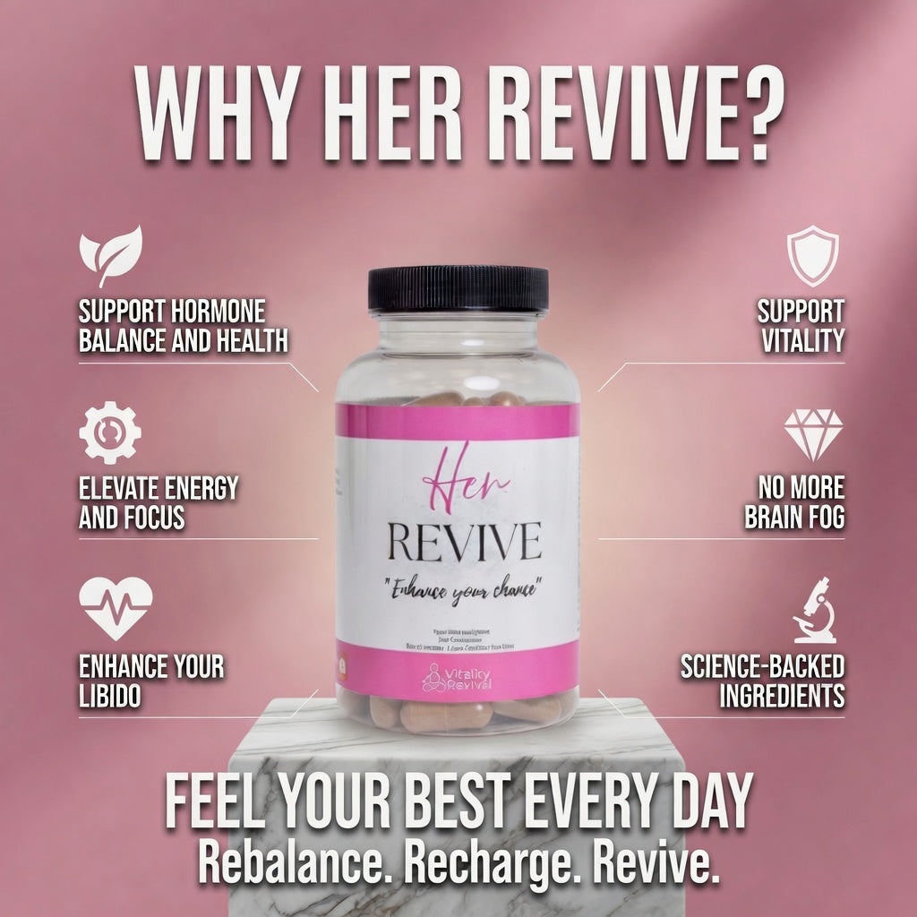 Her Revive supplement bottle with product benefits on a pink background