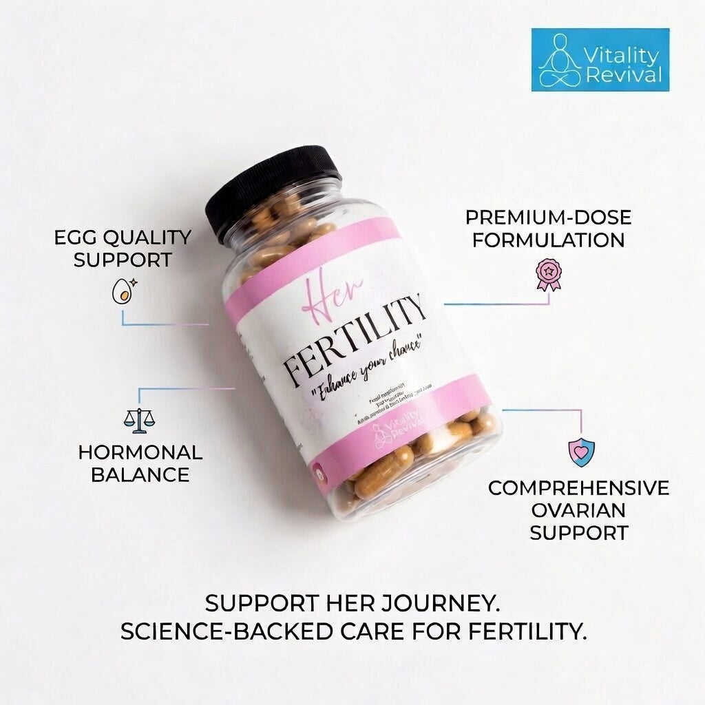 Supplement bottle labeled 'Her Fertility' with features on a white background