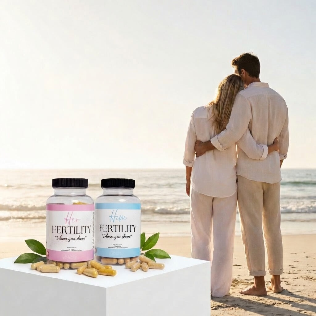 Two people standing on a beach with 'Her Fertility' supplement bottles in the foreground.