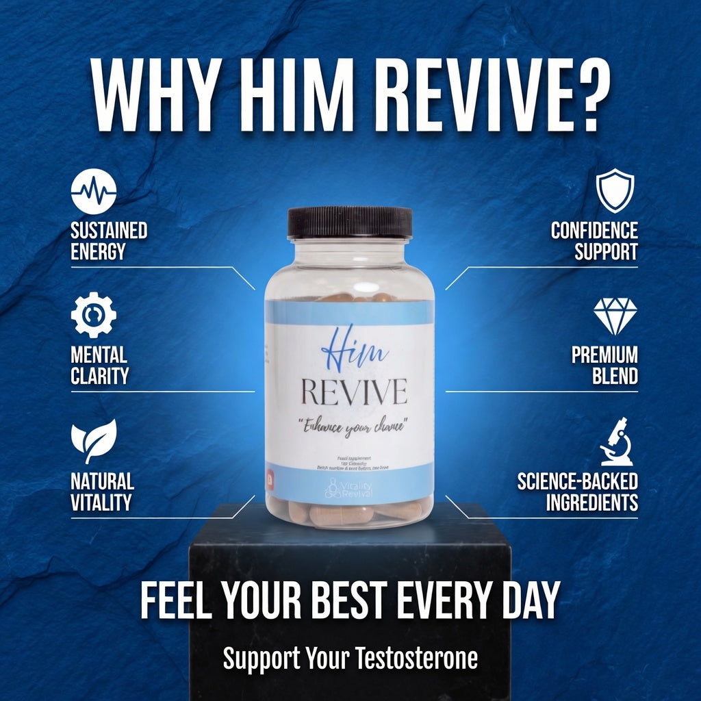 Bottle of 'Him Revive' supplement with features listed on a blue background