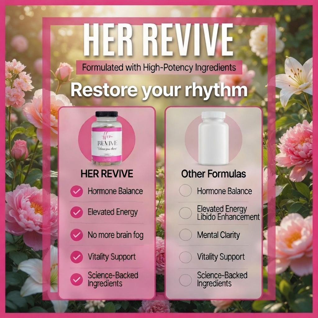 Her Revive product with floral background and feature list.
