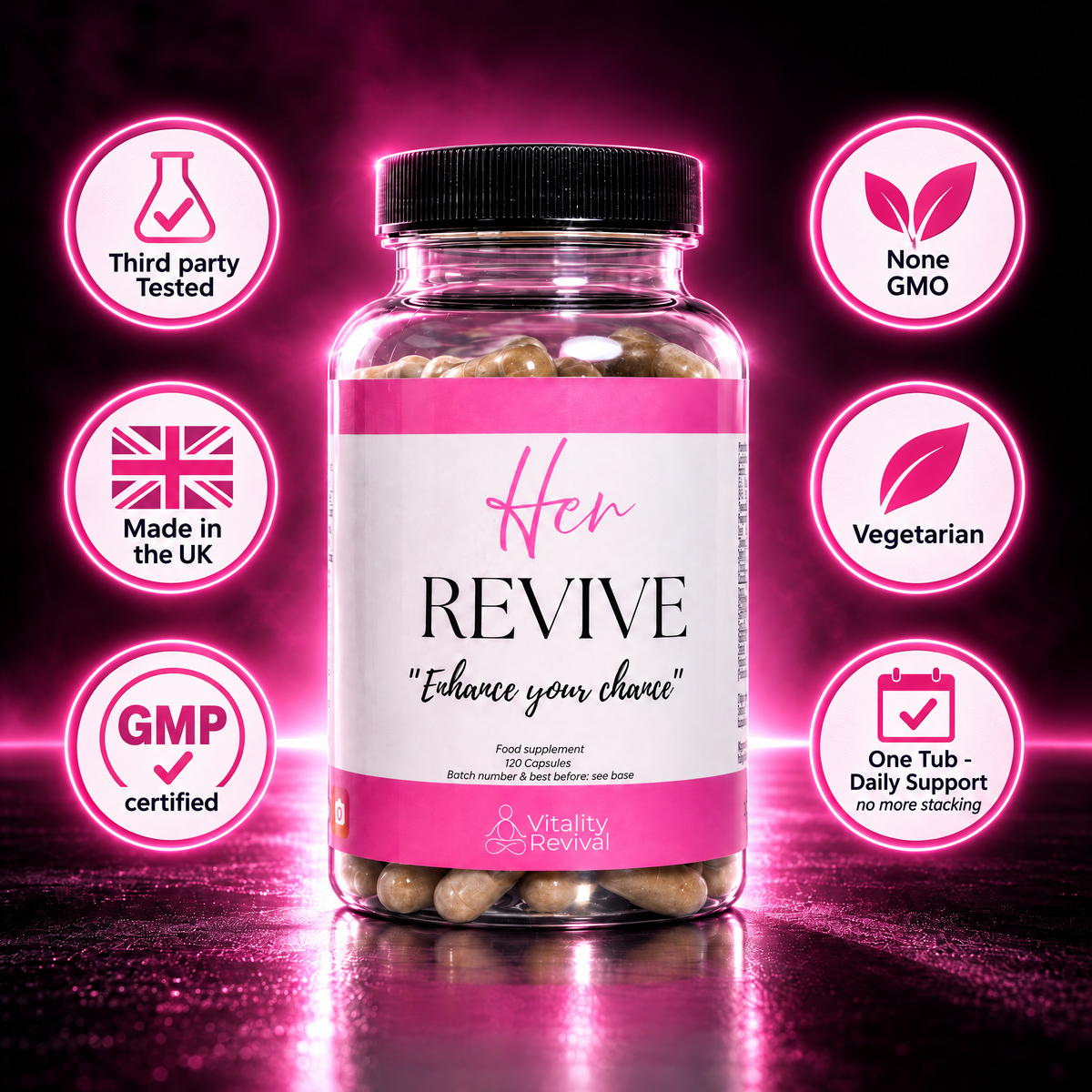 HER REVIVE tub with badges: third-party tested, made in the UK, GMP certified, non-GMO, vegetarian, one tub daily