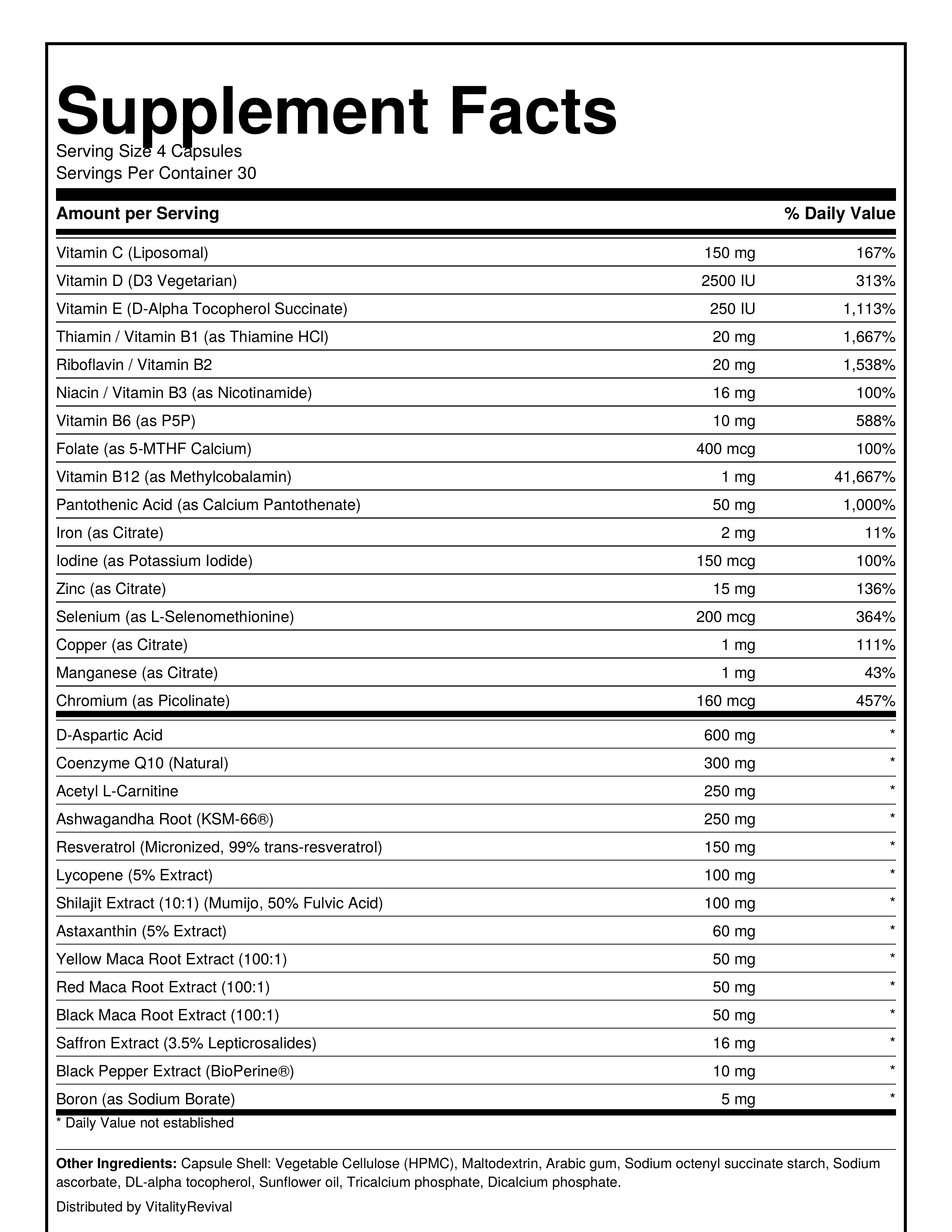Supplement facts label with detailed nutritional information on a white background