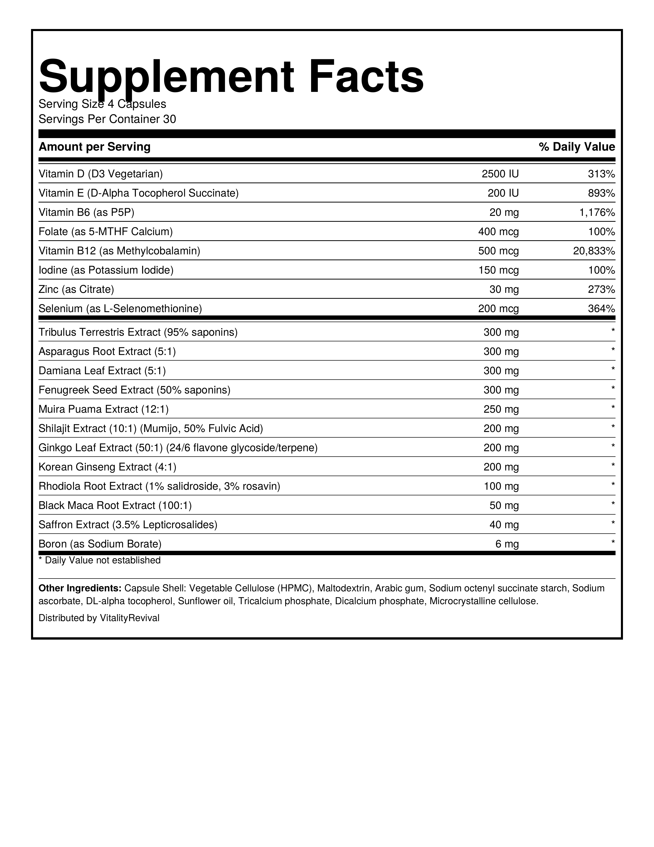 Supplement facts label with detailed nutritional information on a white background